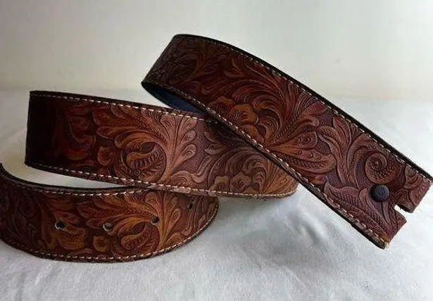 Retro Faux Leather Belt Brown Floral Tooled No Buckle Western Country Boho XL Size 40