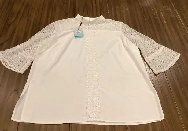 Ming Wang  Women's White Lace  Blouse Bell Sleeve Size XL NWT Work Office Shirt