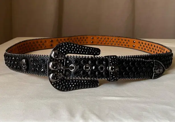 Black Rhinestone Skull Studded Western Belt XXL 1.5" Punk Rock Goth Style