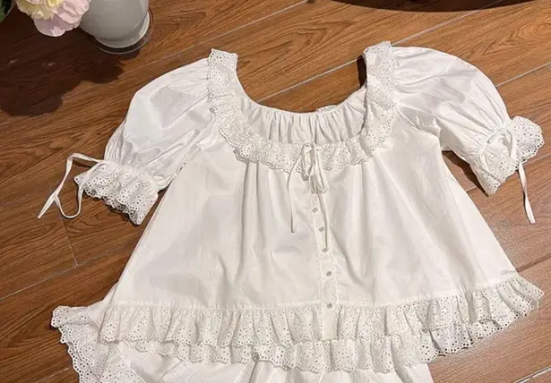 Pink Goddess White Blouse Puffy Sleeve Bohemian Style Cotton Top Size S New