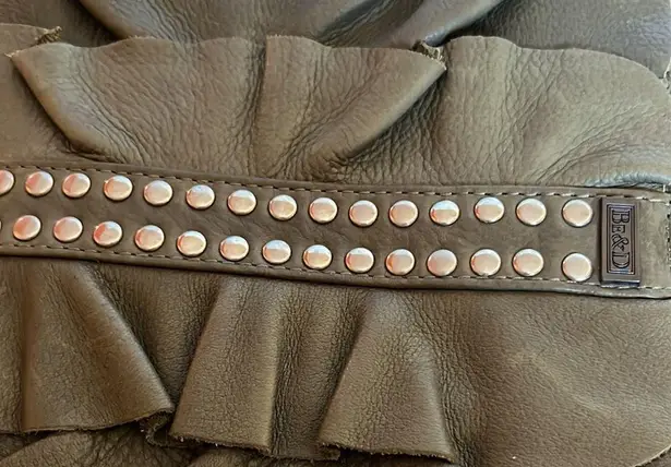 BE & D
Stud Embellished Leather Ruffle Bag, olive green with silver hardware