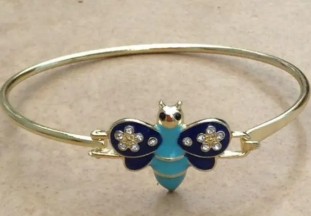 Gold Tone Enamel Bumble Bee Crystal Bangle