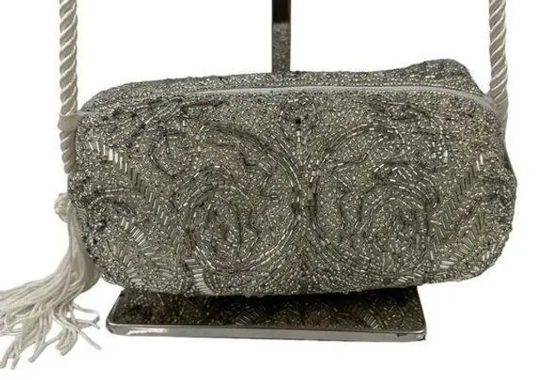 Vintage Evening Silver Beaded Crossbody Formal Bag Tassel Purse