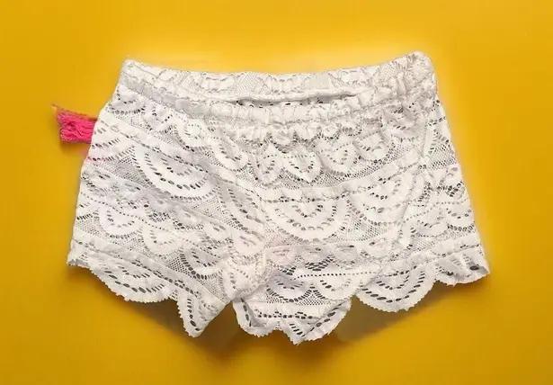 White Lace Shorts with Flirty Pink Tassels By Milken Swim Small