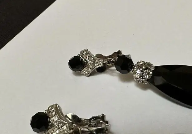 Black Bead Vintage Signed Kramer Rhinestone Silver Tone Dangle Clip On Earrings