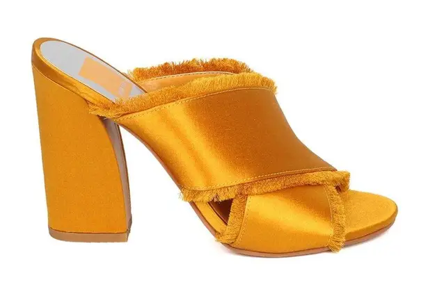 Dolce Vita Block Heel Sandals 9.5 Henry Raw Fringe Saffron Satin Mules Gold