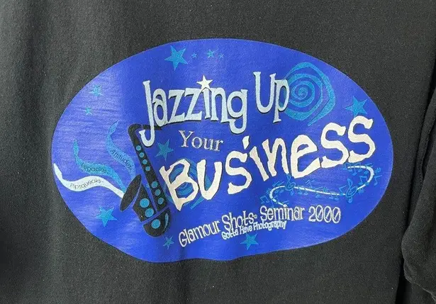 Vintage 90s Jazzing Up Your Business T Shirt Black XL Extra Large Saxophone Logo