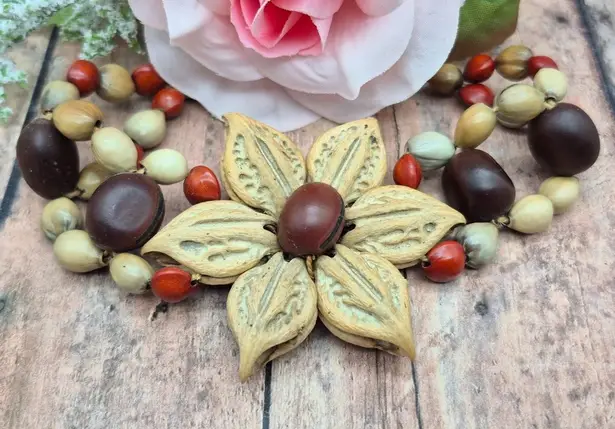 None Vintage Jewelry Bracelet Seed Pod Floral Wooden Handmade One Size Slide Closure