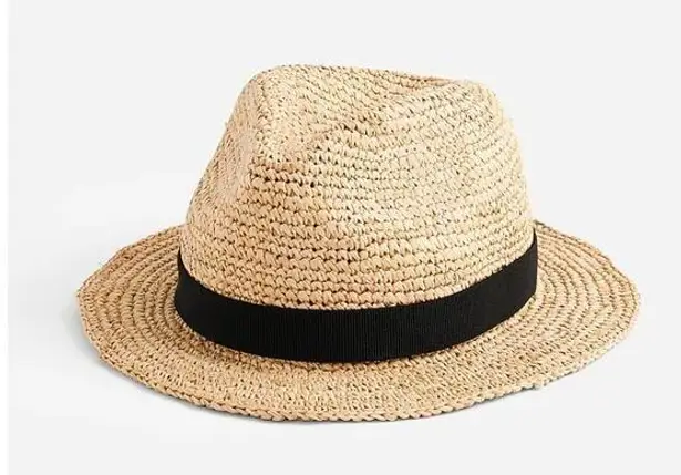 J. Crew Raffia Straw Crochet Brim Hat F1722 Packable Vegan Tan