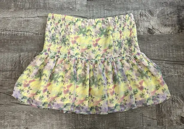 Harper Wren Yellow Floral Smocked Mini Skirt Ruffle Hem Pastel Cottagecore Sz M Size M