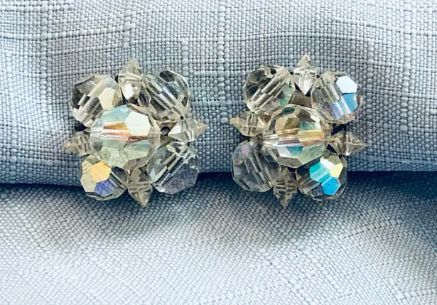 Amazing Vintage Aurora Borealis Crystal Beaded Clip On Earrings