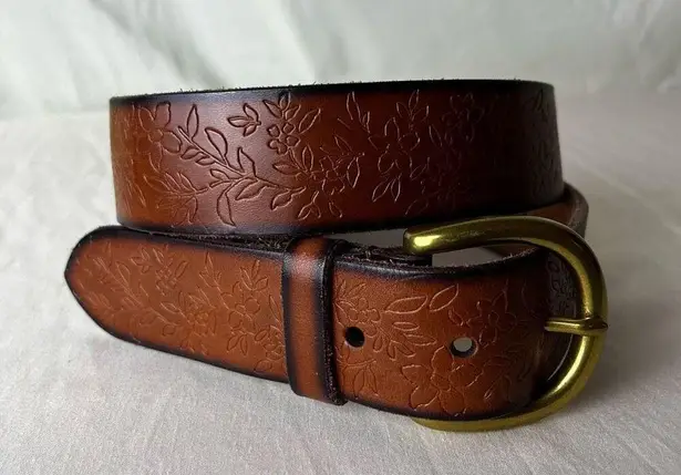 American Eagle  Floral Tooled Leather Belt Brown Black Brass Tone Buckle Small