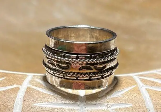 Sterling Silver GeoArt 925 Chunky Crescent Moon Pattern Spinner Ring