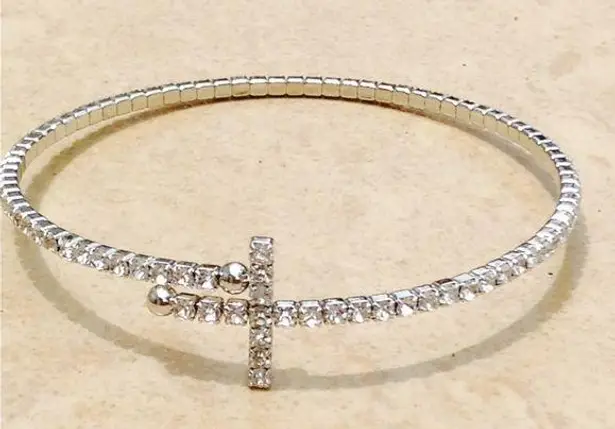 Silver Tone Crystal Sideways Cross Flexible Bangle