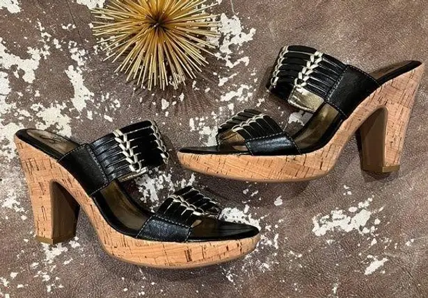 Sofft Shoes Fayann Slide Heel Sandal Black Leather Gold Metallic Cork Heel Size 7