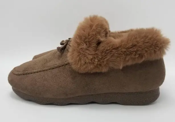 Moccasin Booties Womens Cognac Brown Bow Slip On Faux Fur Trim 8.5 New