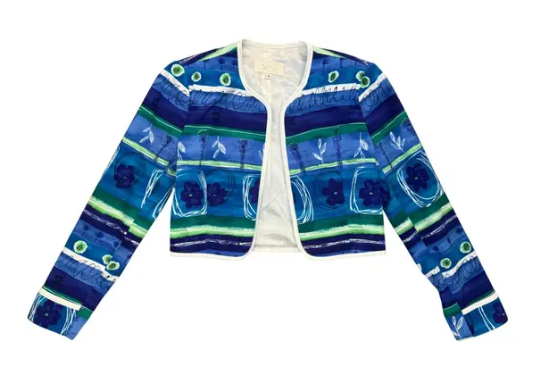 Cache Vintage Y2K  Women's Blue‎ Floral Striped Open Front Jacket Size 4 Retro - Image 1