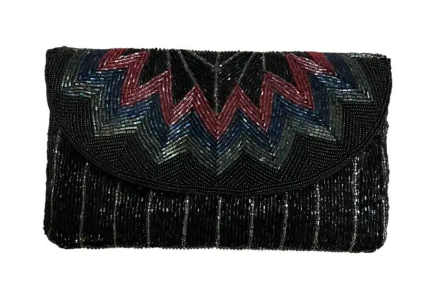 Vintage ADG Beaded Chevron Clutch – 80s/90s Rainbow Glam Black