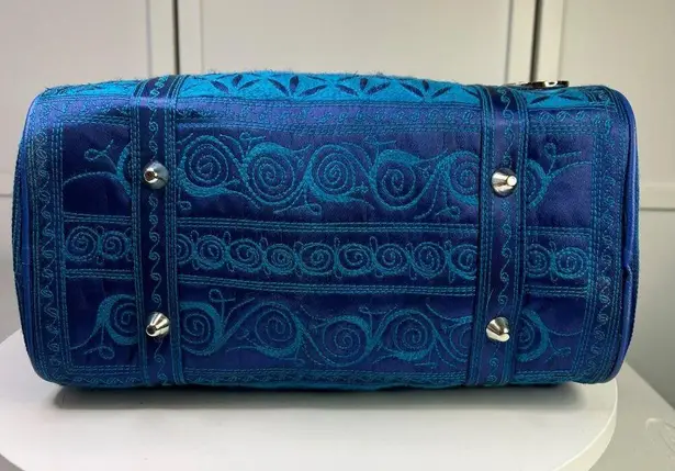 Blue Banda Barrel Bag With Intricate Embroidery & Detachable Charm