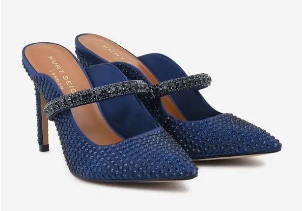 Kurt Geiger Blue Duke Drench 100 Crystal-Embellished Mules Heels Size 41 NEW