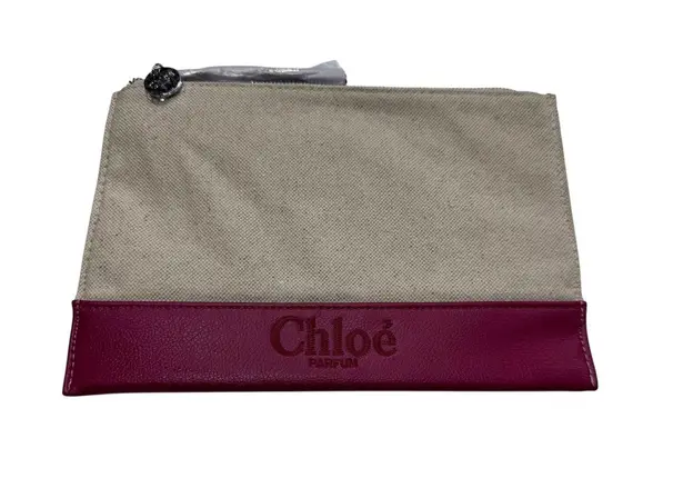 Chloé Parfum Canvas & Faux Leather Pouch Cosmetic Bag Burgundy Beige 10"x6.5"