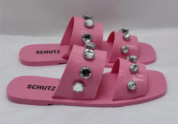 Schutz Lizzie Crystal Embellished Slides Sandals Women's 8 Pink barbiecore Shoes