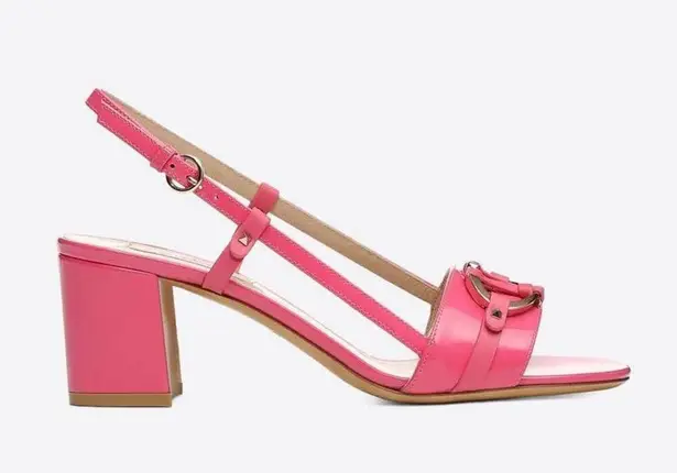 Valentino Hot Pink Patent Leather Silver V Logo Open Toe Kitten Heels Size undefined