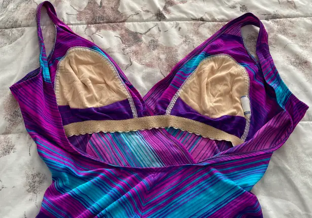 Maxine of Hollywood Vintage One Piece Purple Blue Pink Striped Swimsuit, size M