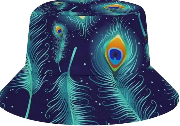 NWOT! Bucket Hats Peacock Feathers Green Fisherman Hat Sun Cap Unisex Blue
