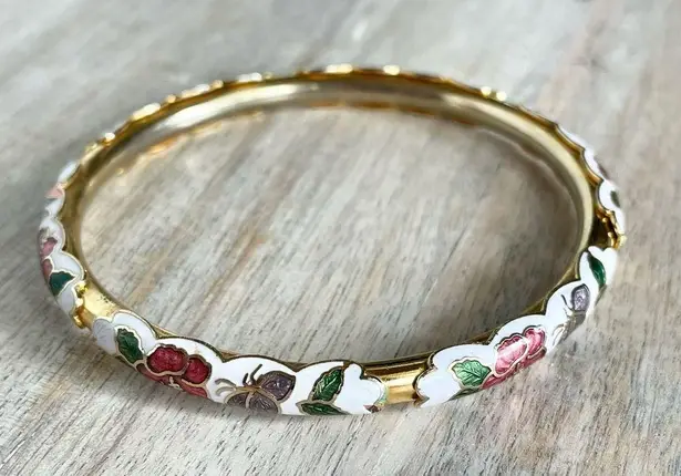 VTG White Enamel Gold Tone Cloisonné Butterfly Bangle Bracelet
