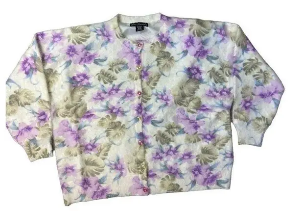 Lee Sands Women’s Orchid Monstera Print Angora Crew Neck Cardigan Size 1X NWT