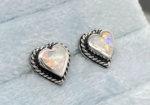 White Opal & Sterling Silver Rope Twist Heart Shaped Stud Earrings Multiple