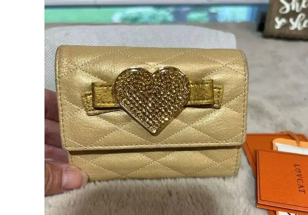 Lovcat Paris Women's Gold Leather Trifold Wallet with Heart Design