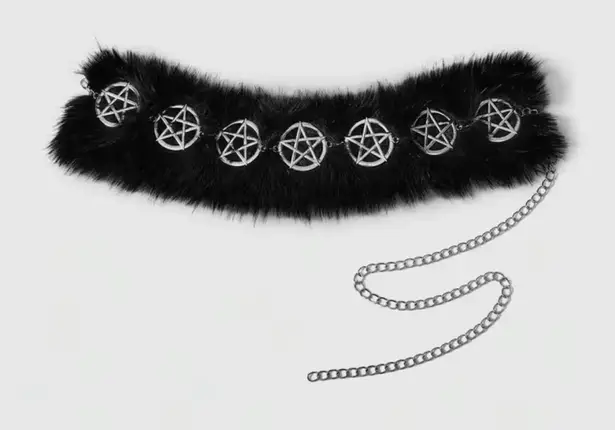 Black Faux Fur Choker with Silver Pentagram Accents
