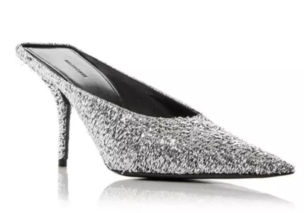 Balenciaga Knife Glitter High Heel Mules in Silver Titanium Size 36 New in Box