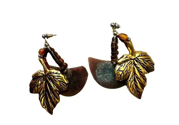 Vintage Leaf Mixed Media Post Dangle Earrings Brown