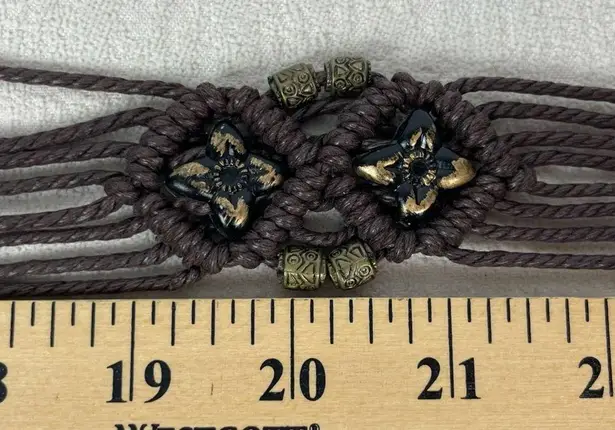 Crochet Waxed Yarn Brown Boho Beaded Woven Belt with Tie Tassels