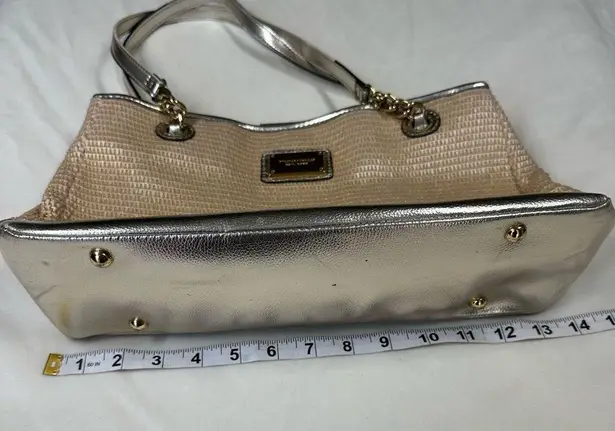 Tignanello Rattan Woven Faux Leather Gold Metallic Trim Shoulder Bag Purse