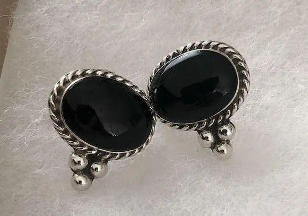 Onyx TAXCO Black Sterling Silver Southwest Post Backs Drop Earrings