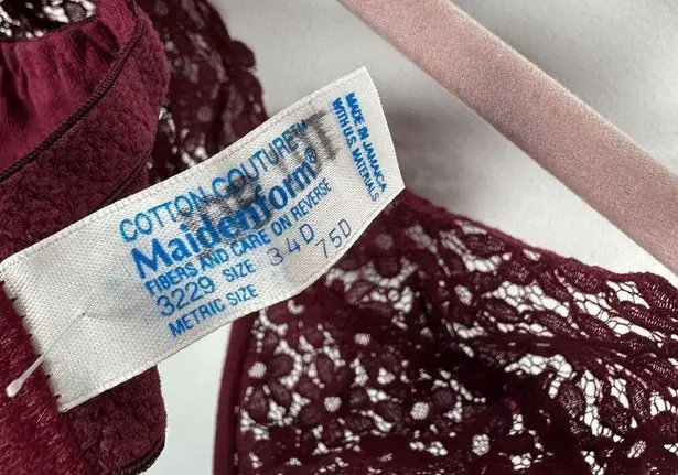 Maidenform Vintage 34D Bra Lace Burgundy Plunge 3229 Cotton Conuture See Through