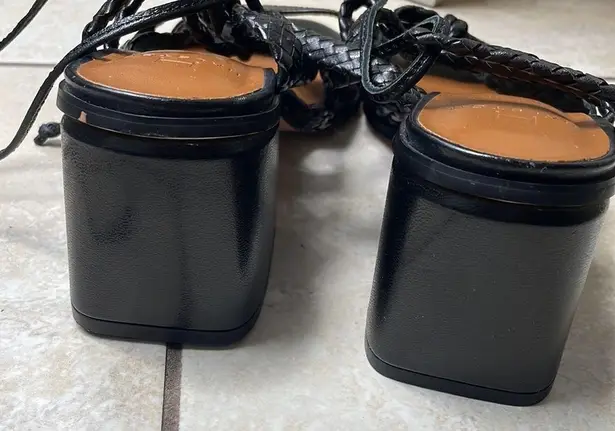 H by Halston 7.5 Halston Piper Strappy Block Chunky Sandal Heels Black Leather Braided