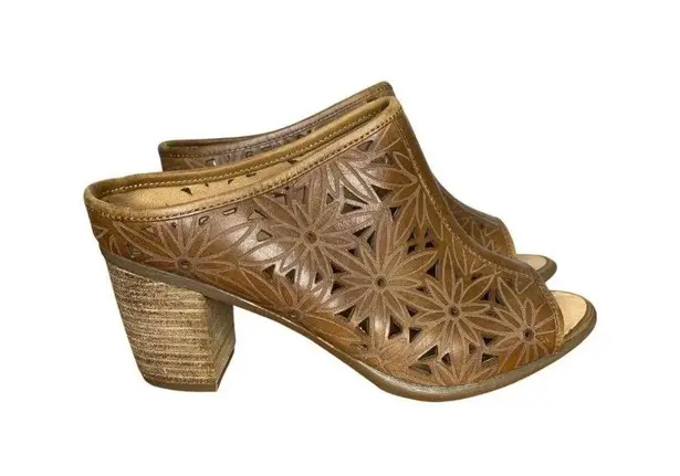 Josef Seibel Leather Open Toe Mules Size 37/6 Floral Cutout Design Stacked Heel Tan
