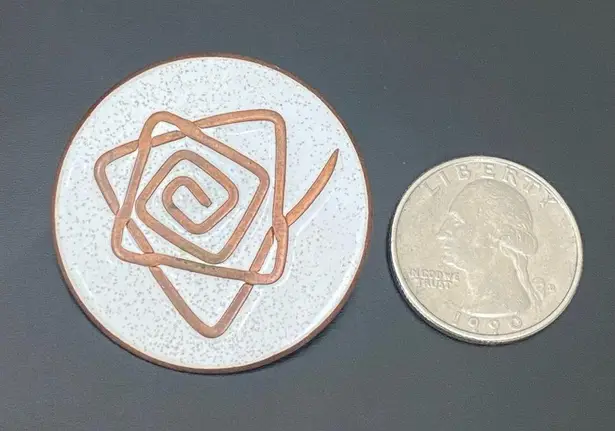 MCM Vintage Handcrafted Round White Abstract Swirl Enamel On Copper Brooch Pin