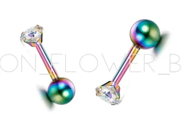 Very Tiny Rainbow CZ Barbell Earrings Purple