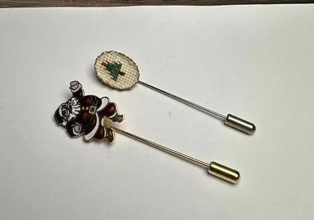 Enamel Santa Claus & Embroidered Christmas Tree Lapel Stick Pin Lot Of 2