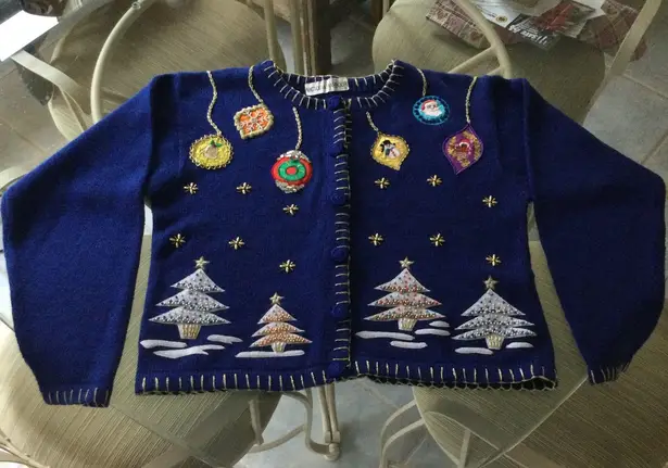 Vintage Victoria Harbour Embellished Christmas Sweater Cardigan Blue Ugly Size M
