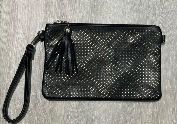 MMS Black and Gold Laser Cut Zip Close Wristlet Clutch Bag