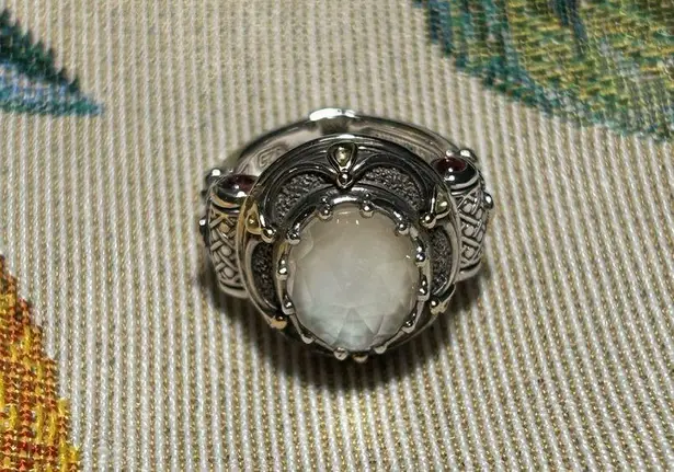 Konstantino Sterling Silver & 18K Gold Mother of Pearl & Pink Tourmaline Ring Size 6