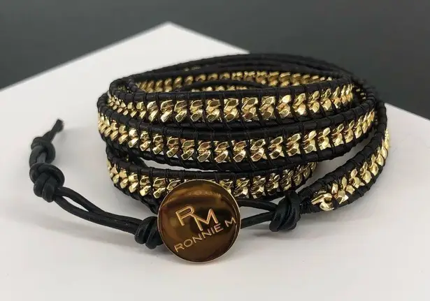 Ronnie M Golden Midnight Black Leather Gold Chain Adjustable Wrap Bracelet