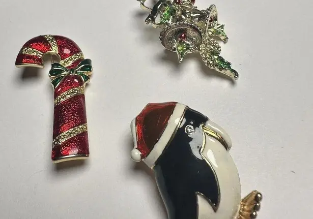 Christmas Holiday Brooch Pin Lot Of 3 Penguin In Santa Hat, Candy Cane, Bells